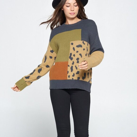DAVI & DANI ANIMAL COLOUR BLOCK ROUND NECK SWEATER - Picture 2 of 8